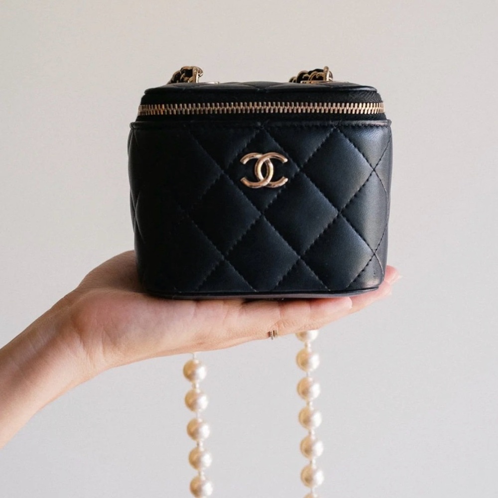 CHANEL Black Quilted Vanity Mini Bag with Pearl-Accented Chain